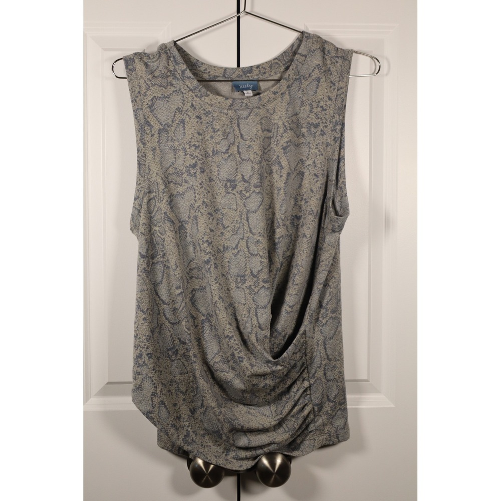 Neely Snakeskin Print Sleeveless Draped Front Ruched Top Blue Grey Womens Large